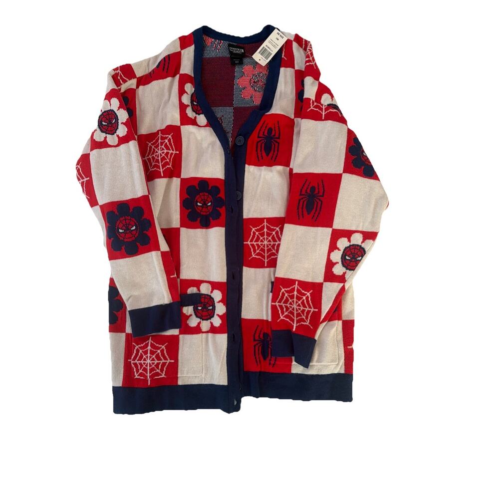 BoxLunch Marvel SpiderMan Checkerboard Cardigan Sweater Blue Red Blue